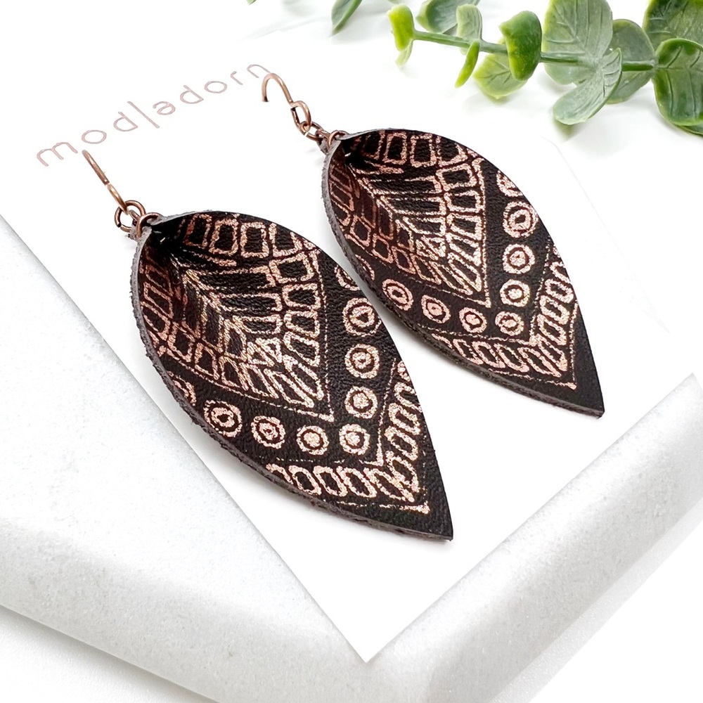 Handmade Medium Dark Brown Leather BOHO Copper Foil Print Leaf Earrings